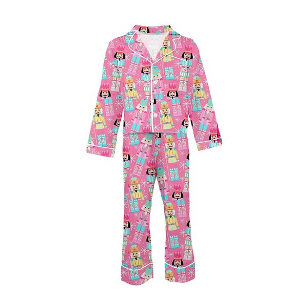 Tweenstyle Pink Multi | Wooden Soldier Print Long Sleeve Satin Loungewear Set