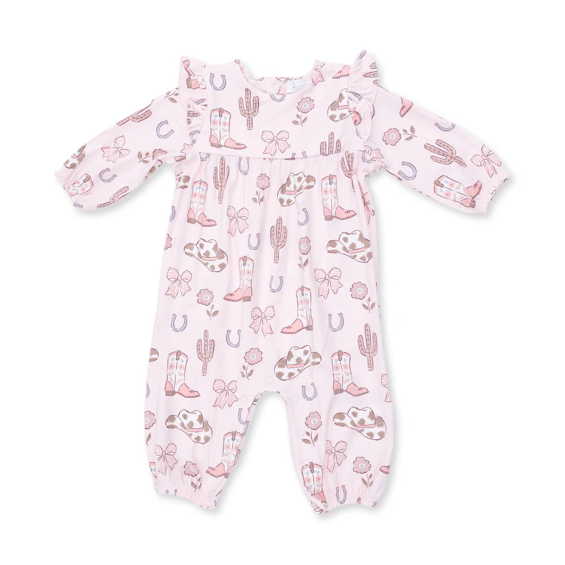 Angel Dear Pink | Cowgirl Boots and Bows Ruffle Sleeve Snap Romper