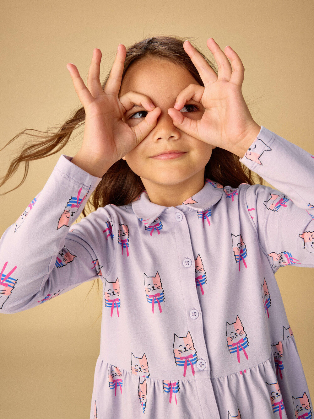 Tea Bow Tie Cats | Collared Long Sleeve Dress
