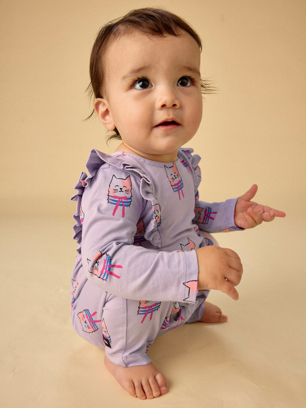 Tea Bow Tie Cats | Ruffle Shoulder Baby Romper