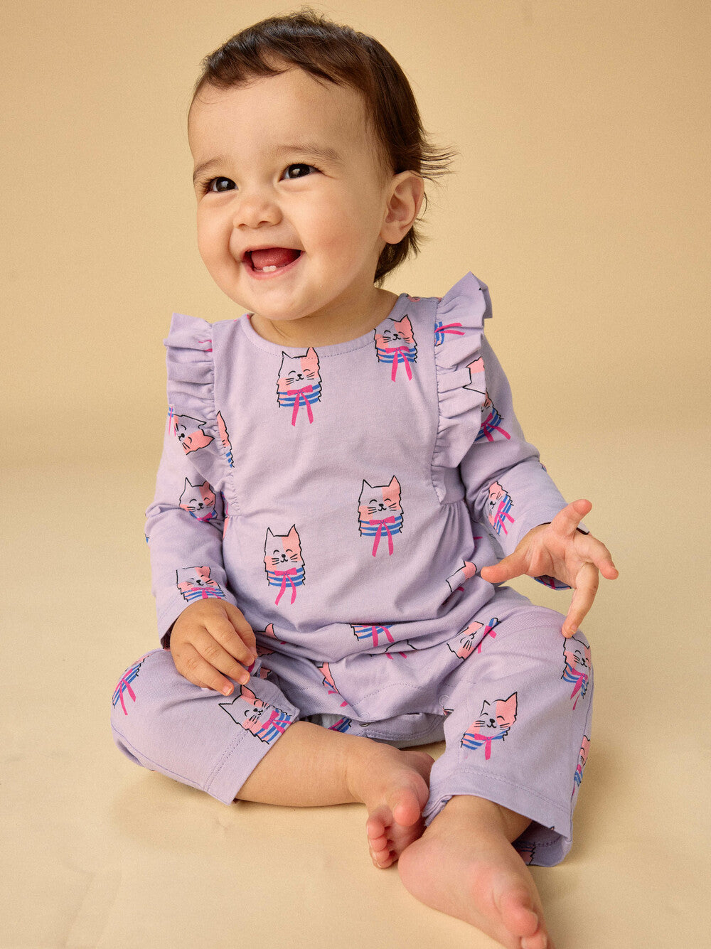 Tea Bow Tie Cats | Ruffle Shoulder Baby Romper