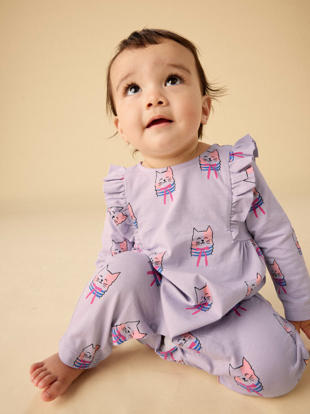 Tea Bow Tie Cats | Ruffle Shoulder Baby Romper