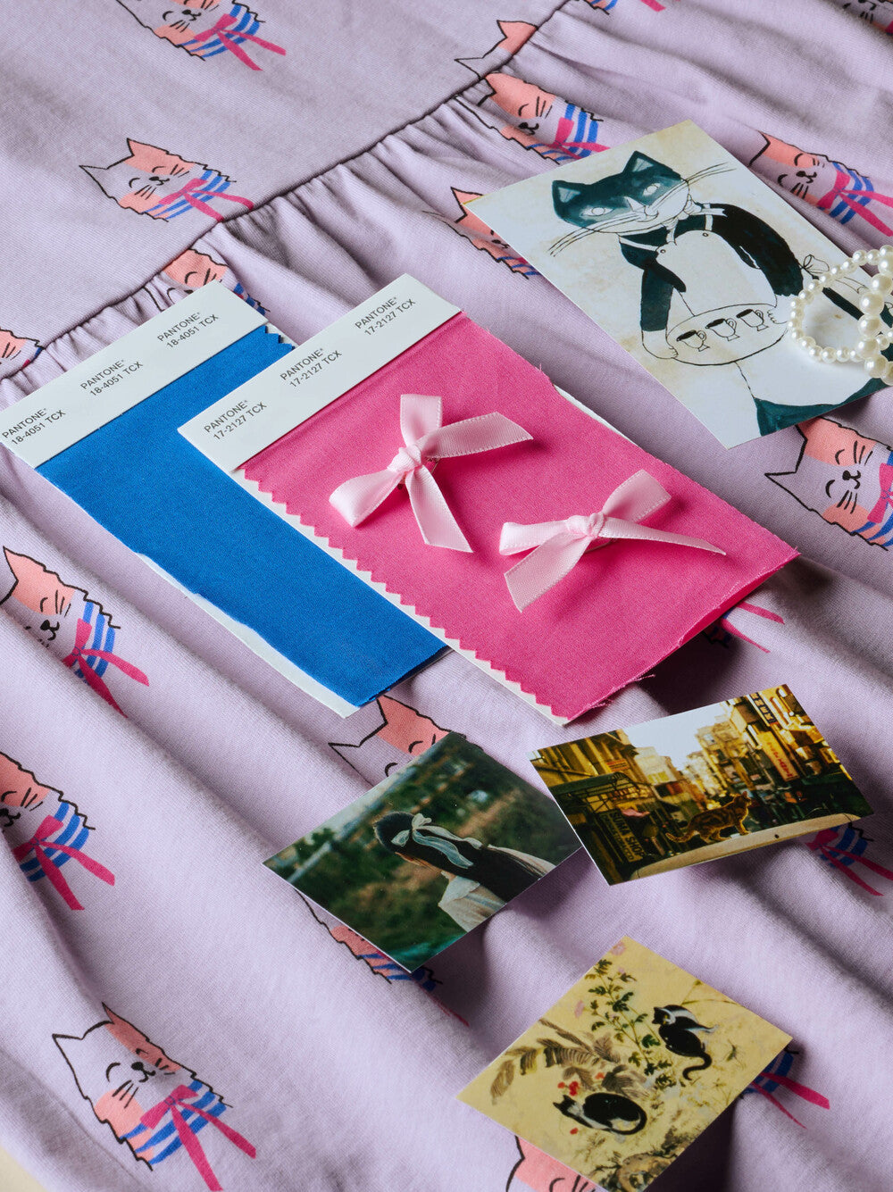 Tea Bow Tie Cats | Collared Long Sleeve Dress