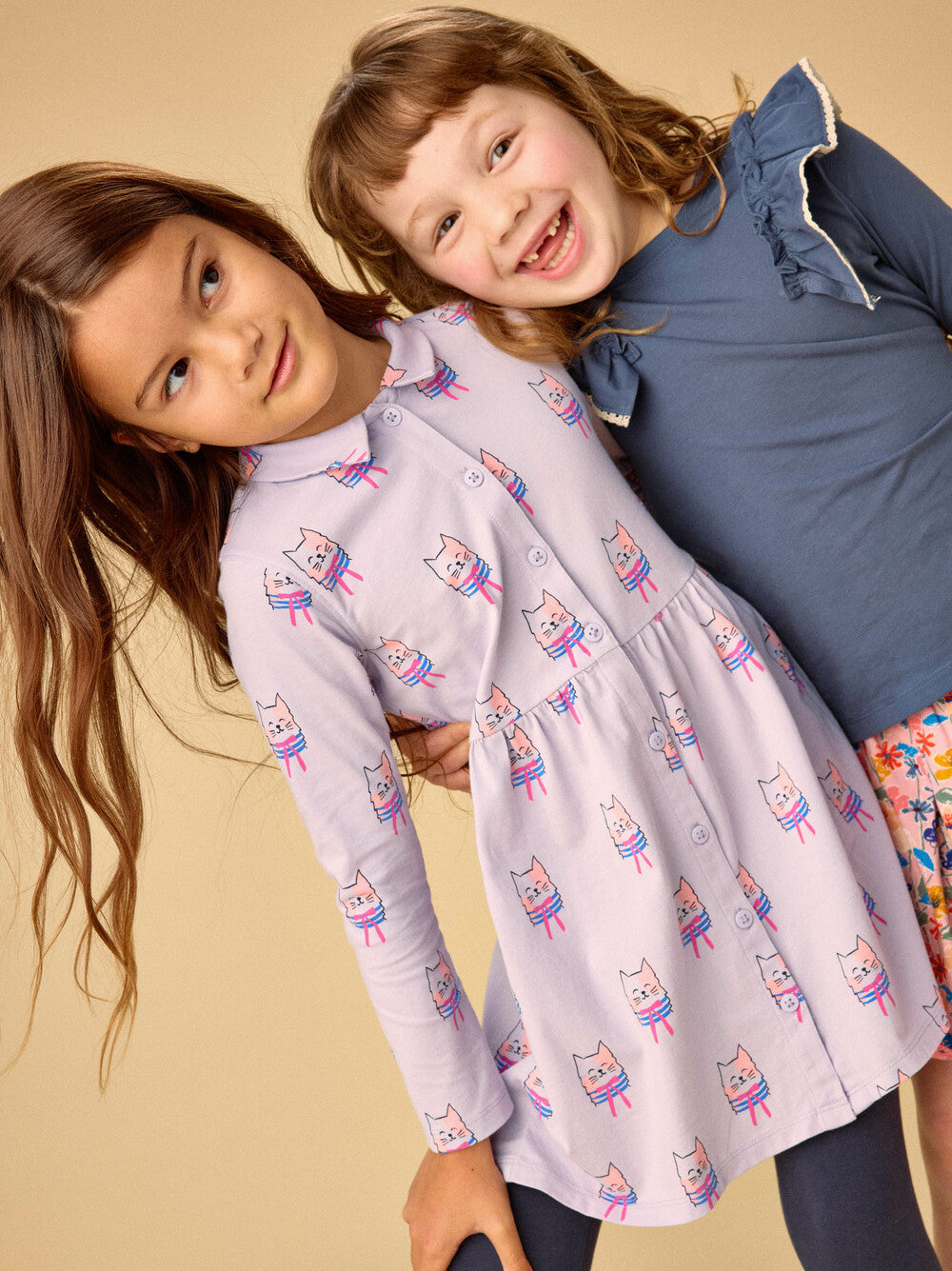 Tea Bow Tie Cats | Collared Long Sleeve Dress