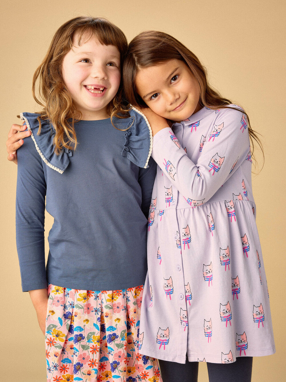 Tea Bow Tie Cats | Collared Long Sleeve Dress