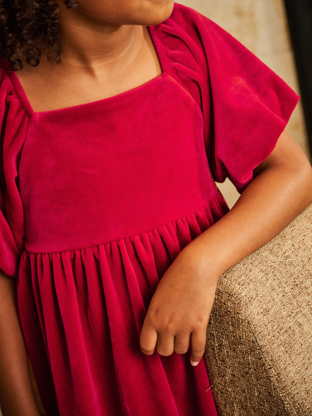 Tea Red Wagon | Puff Shoulder Velour Dress