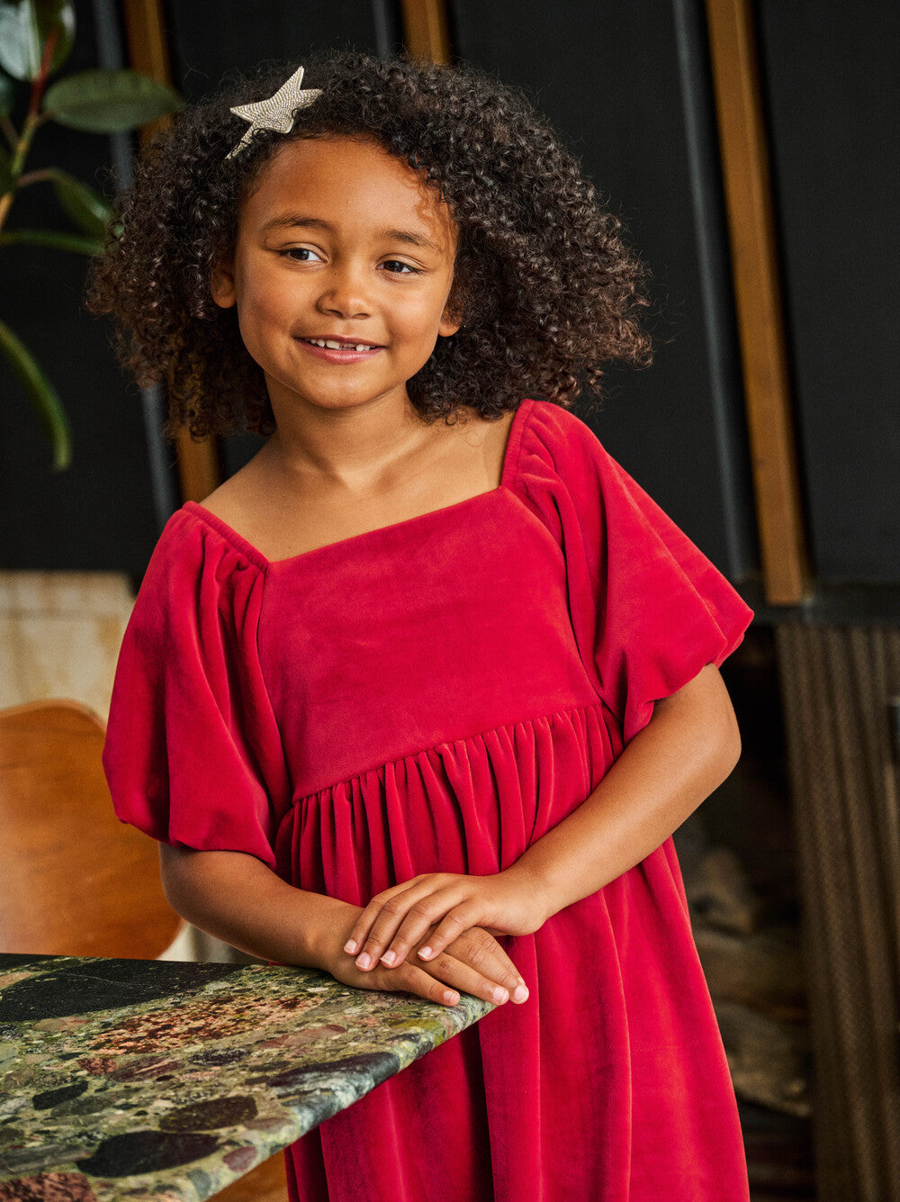 Tea Red Wagon | Puff Shoulder Velour Dress