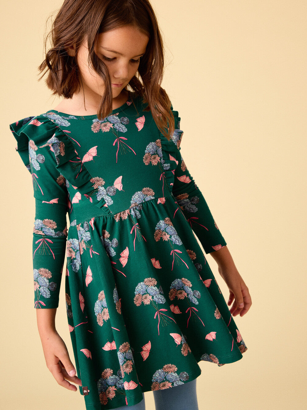 Tea Floral & Butterfly Bouquet | Ruffle Shoulder Ballet Dress