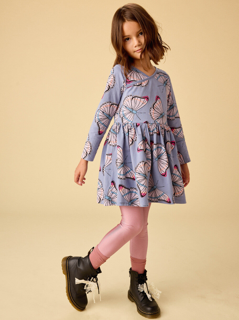 Tea Butterfly Dance | Long Sleeve Wrap Neck Dress