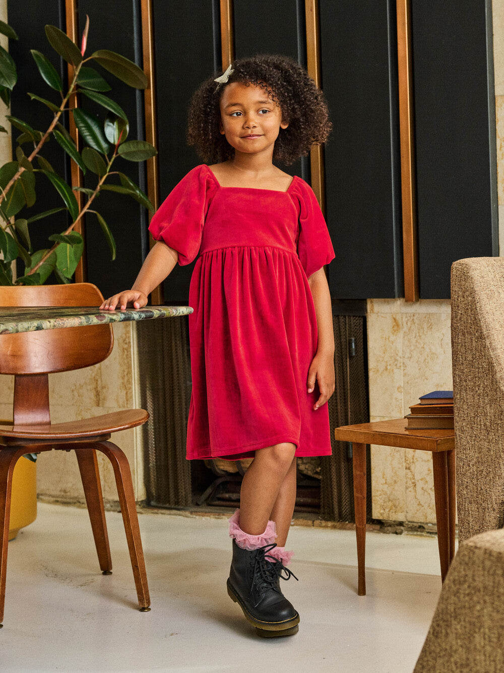 Tea Red Wagon | Puff Shoulder Velour Dress