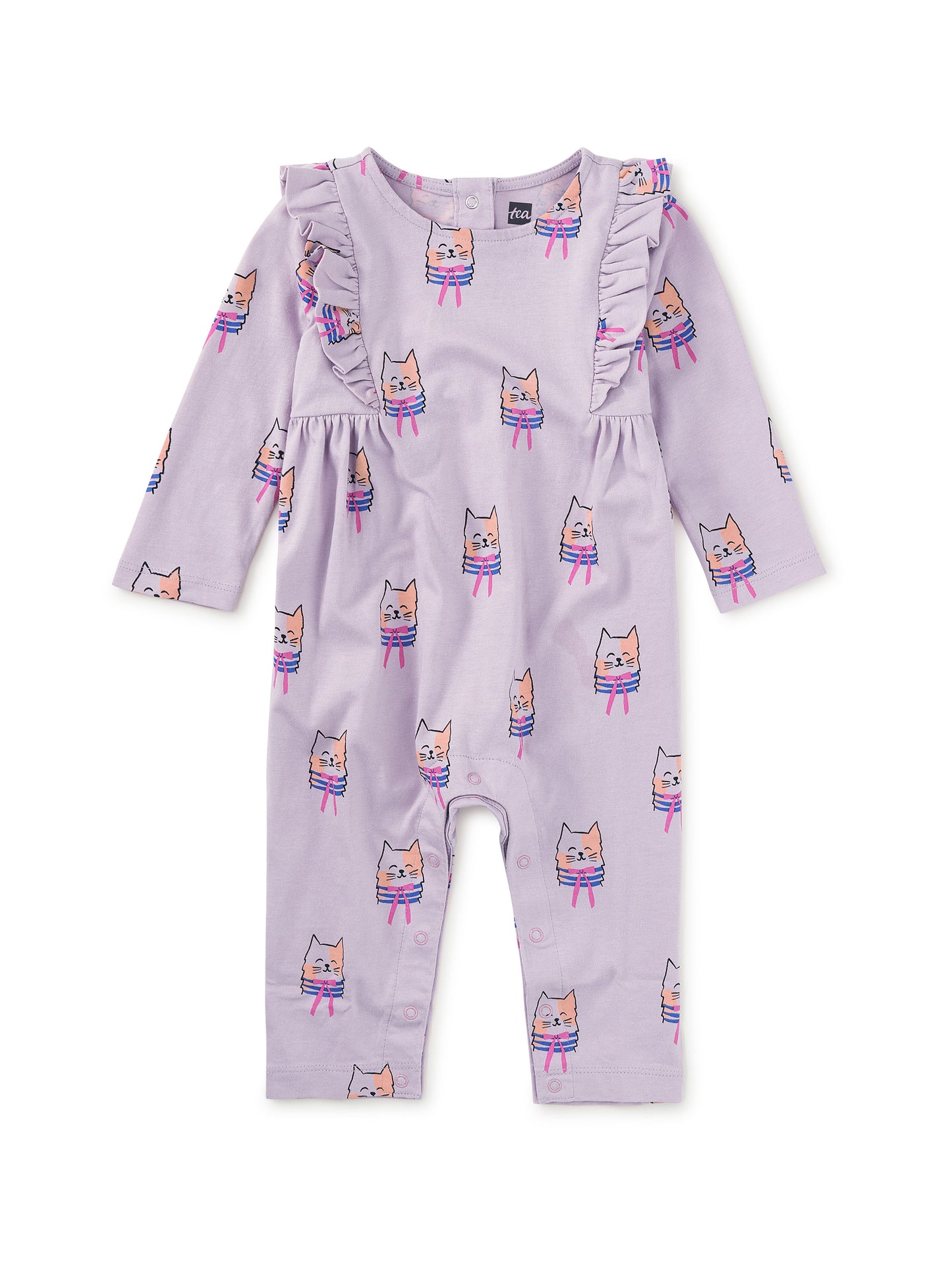 Tea Bow Tie Cats | Ruffle Shoulder Baby Romper