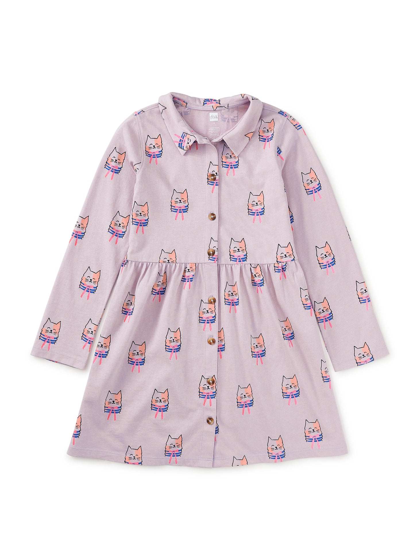 Tea Bow Tie Cats | Collared Long Sleeve Dress