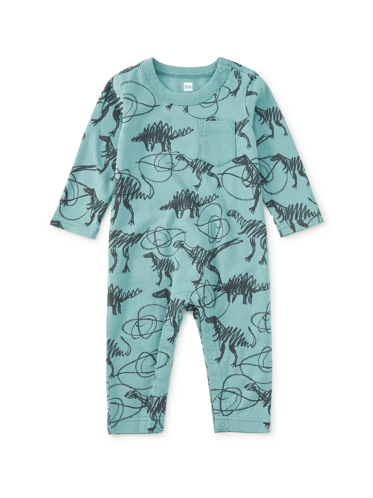 Tea Scribbled Dinosaurs | Long Sleeve Pocket Romper