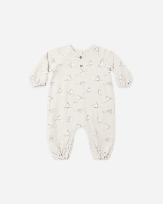 Rylee + Cru Parchment | Skiing Penguins Henley Jumpsuit