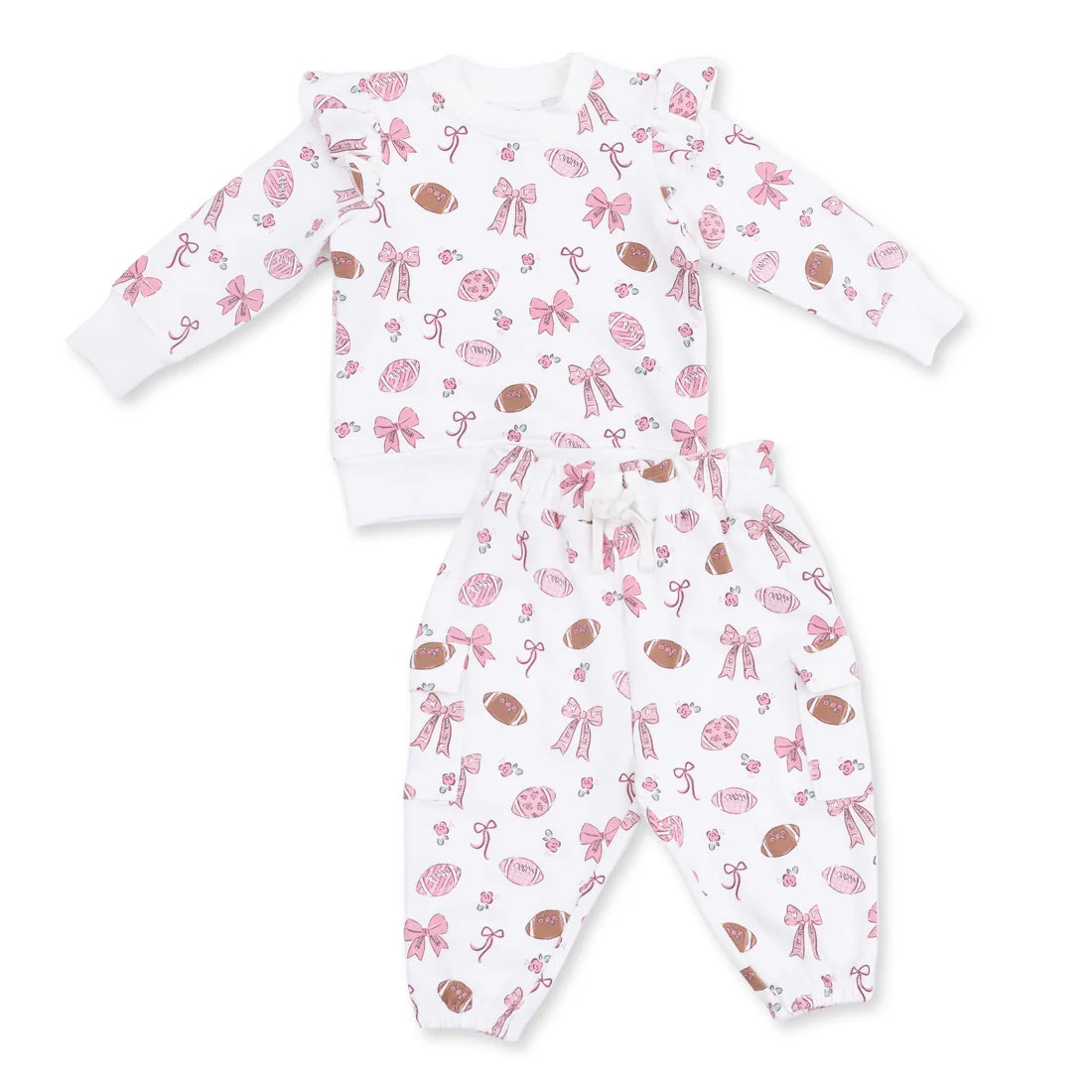 Angel Dear White | Footballs and Bows Ruffle Sweatshirt and Fashion Cargo Pants