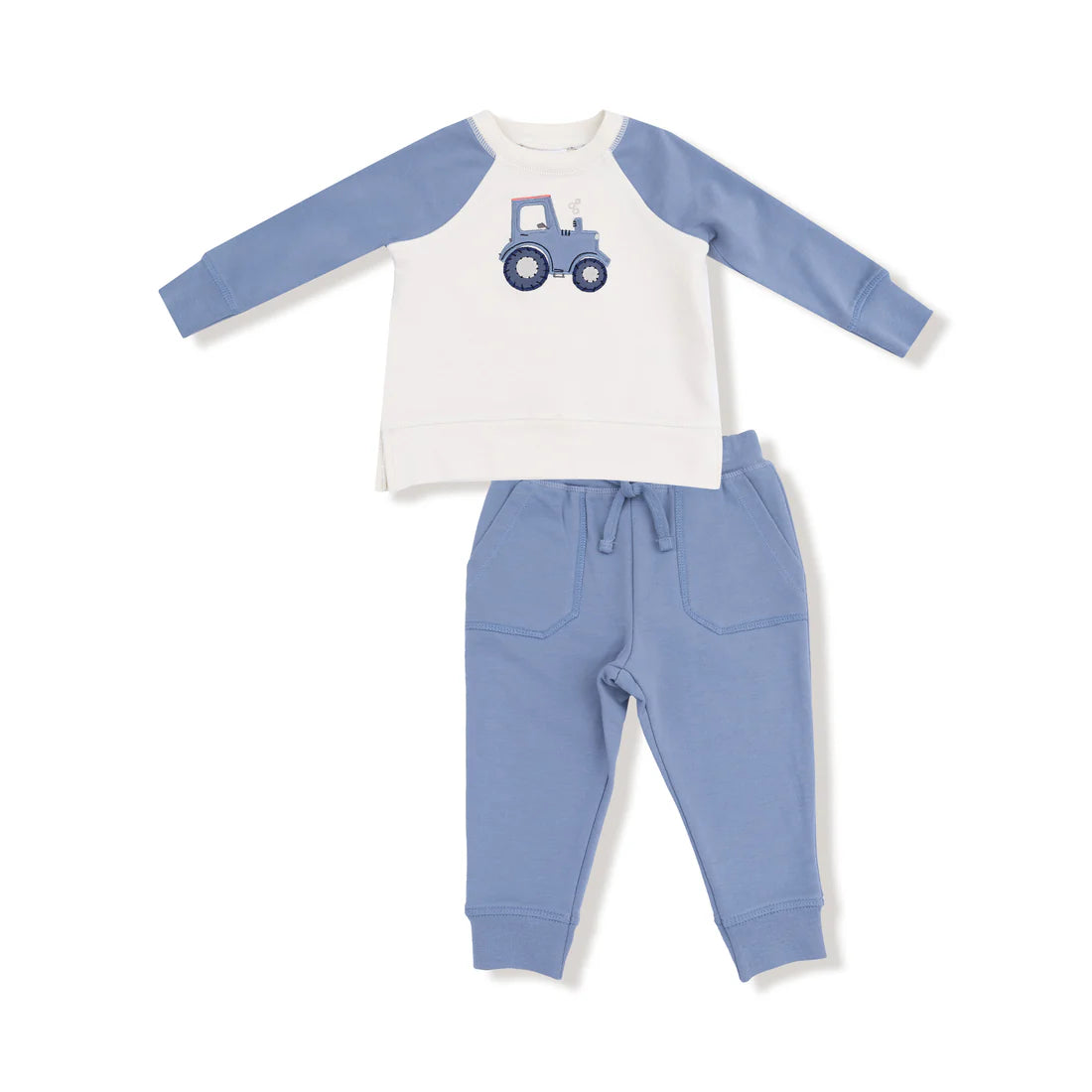 Angel Dear Blue Mini Tractors | French Terry Raglan Sweatshirt With Applique and Jogger Set