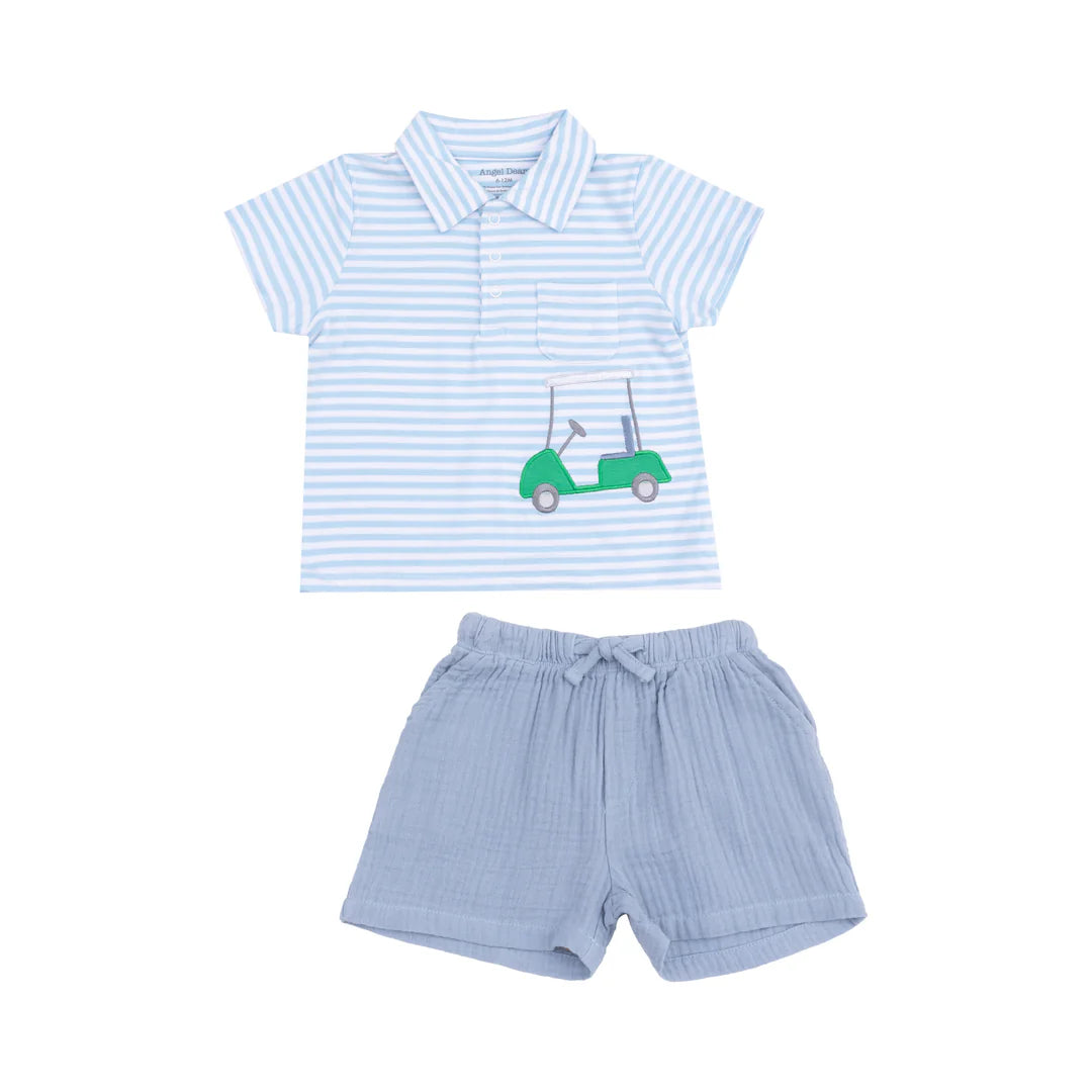 Angel Dear Blue Golf Stripe | Polo Shirt With Applique & Bamboo Short