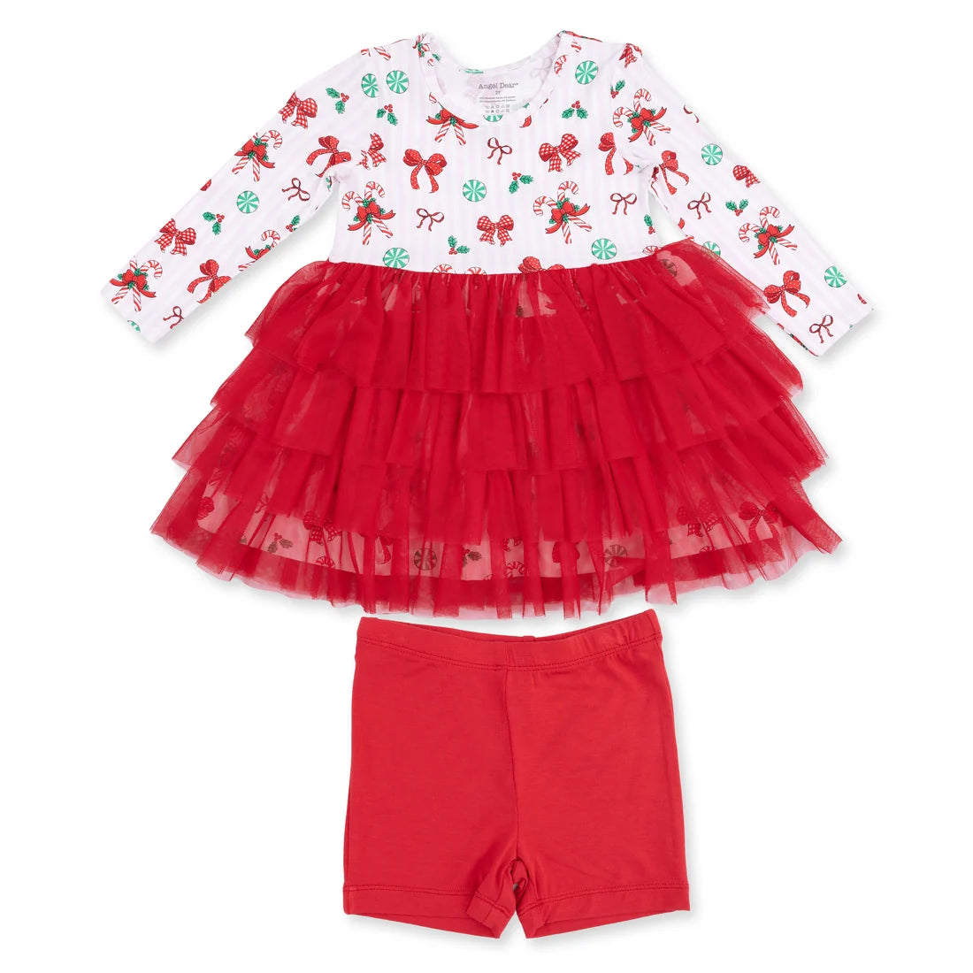 Angel Dear Ivory | Bows & Candy Canes Twirly Long Sleeve Tutu Dress and Cartwheel Short Set