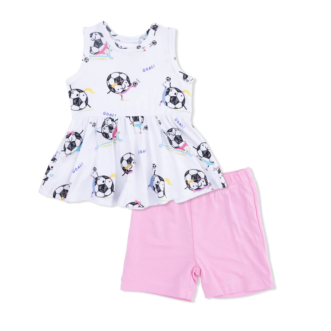 Angel Dear White Pink | Soccer Balls Playing Soccer Peplum Tank Top and Bike Short Set