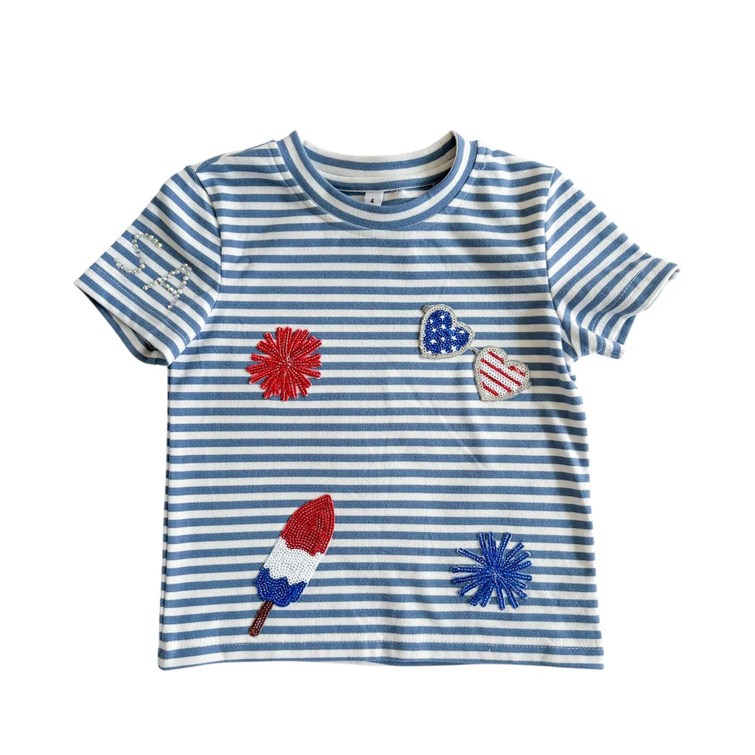 Three Wildflower Designs Blue | Striped Australian Terry Cotton Fourth of July Patch Top