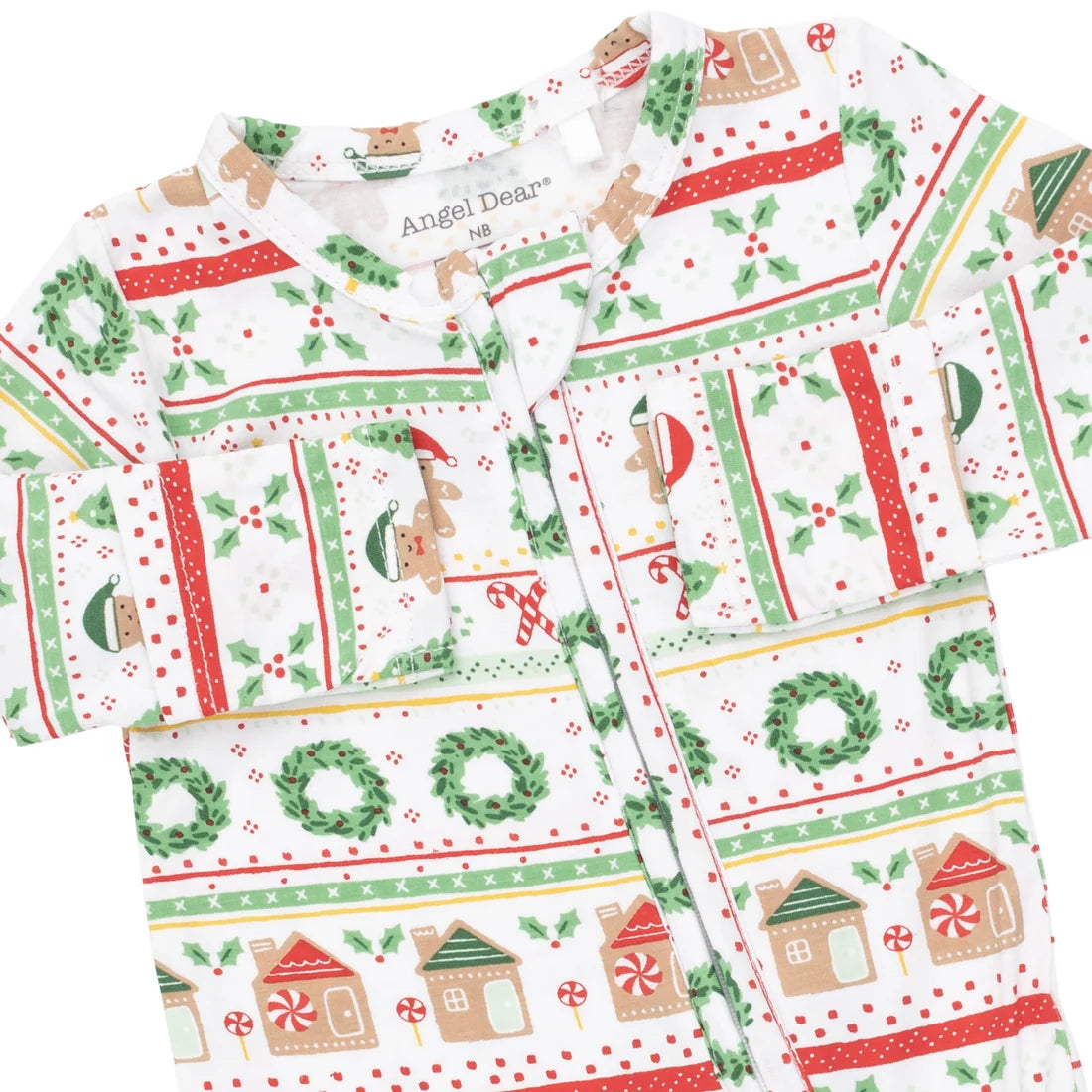 Angel Dear White & Green | Gingerbread Fair Isle Uni 2 Way Zipper Footie