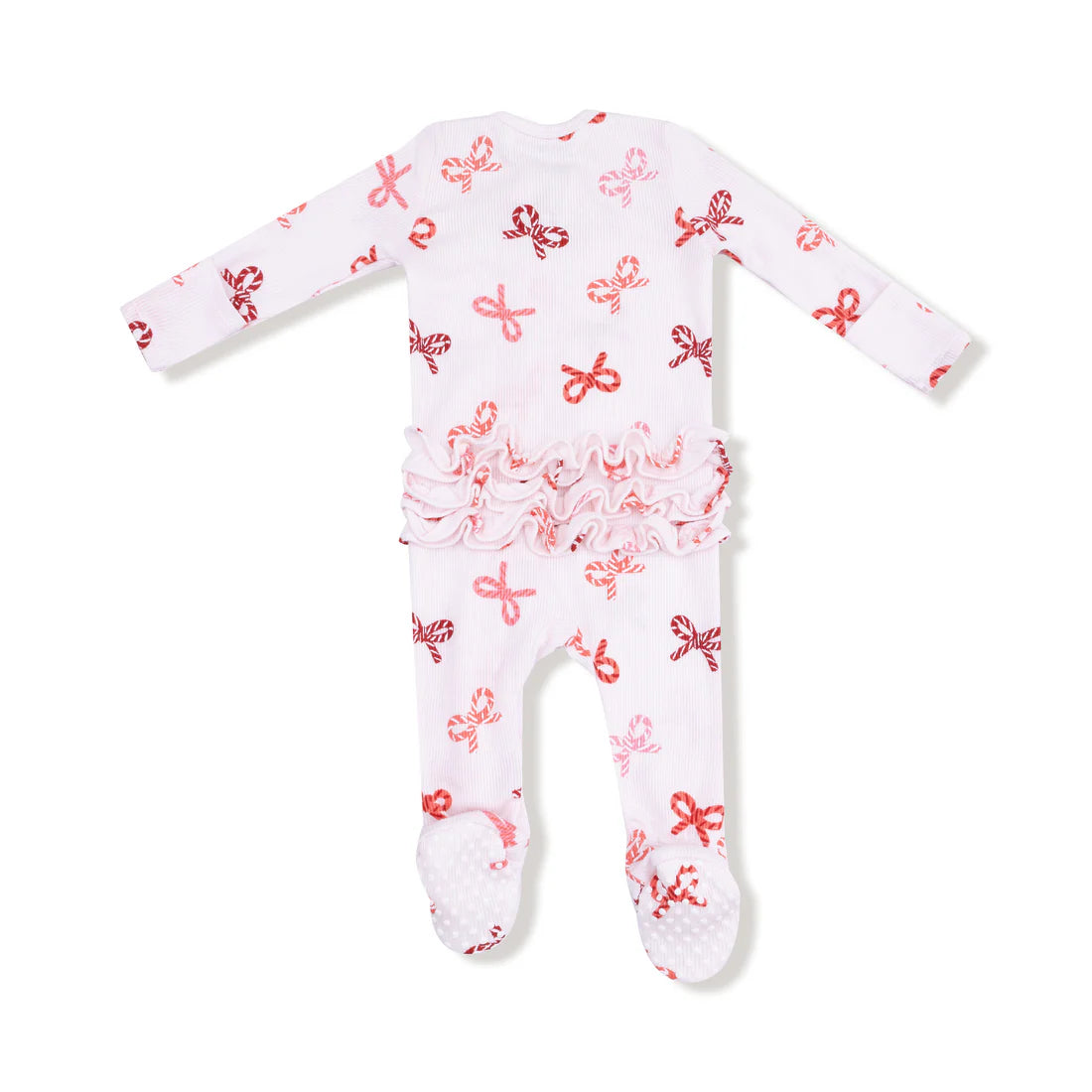 Angel Dear Light Pink Candy Cane Bows | 2 Way Zipper Ruffle Back Footie
