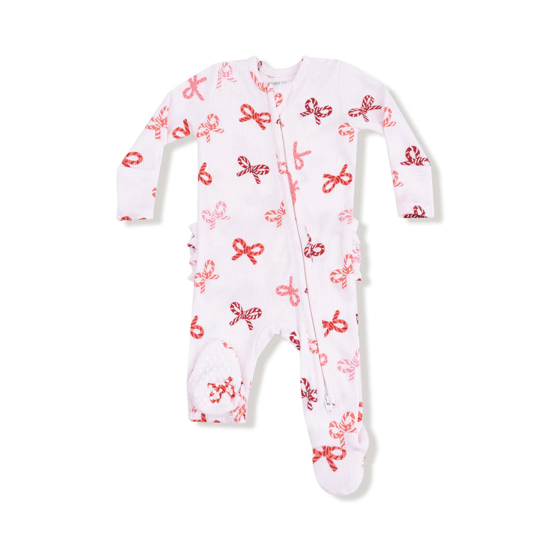 Angel Dear Light Pink Candy Cane Bows | 2 Way Zipper Ruffle Back Footie