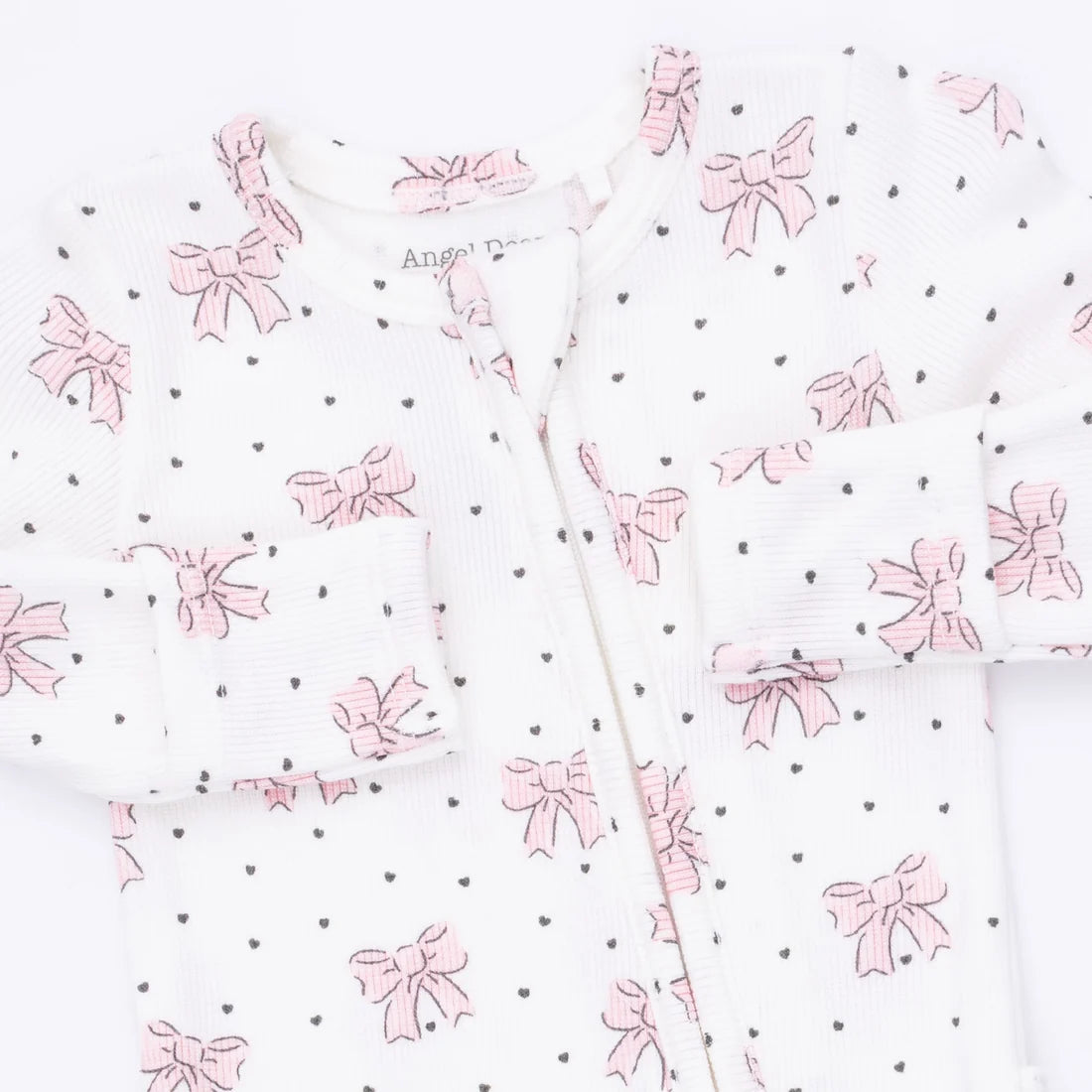 Angel Dear Ivory Pink | Bows and Hearts 2 Way Ruffle Back Zipper Footie