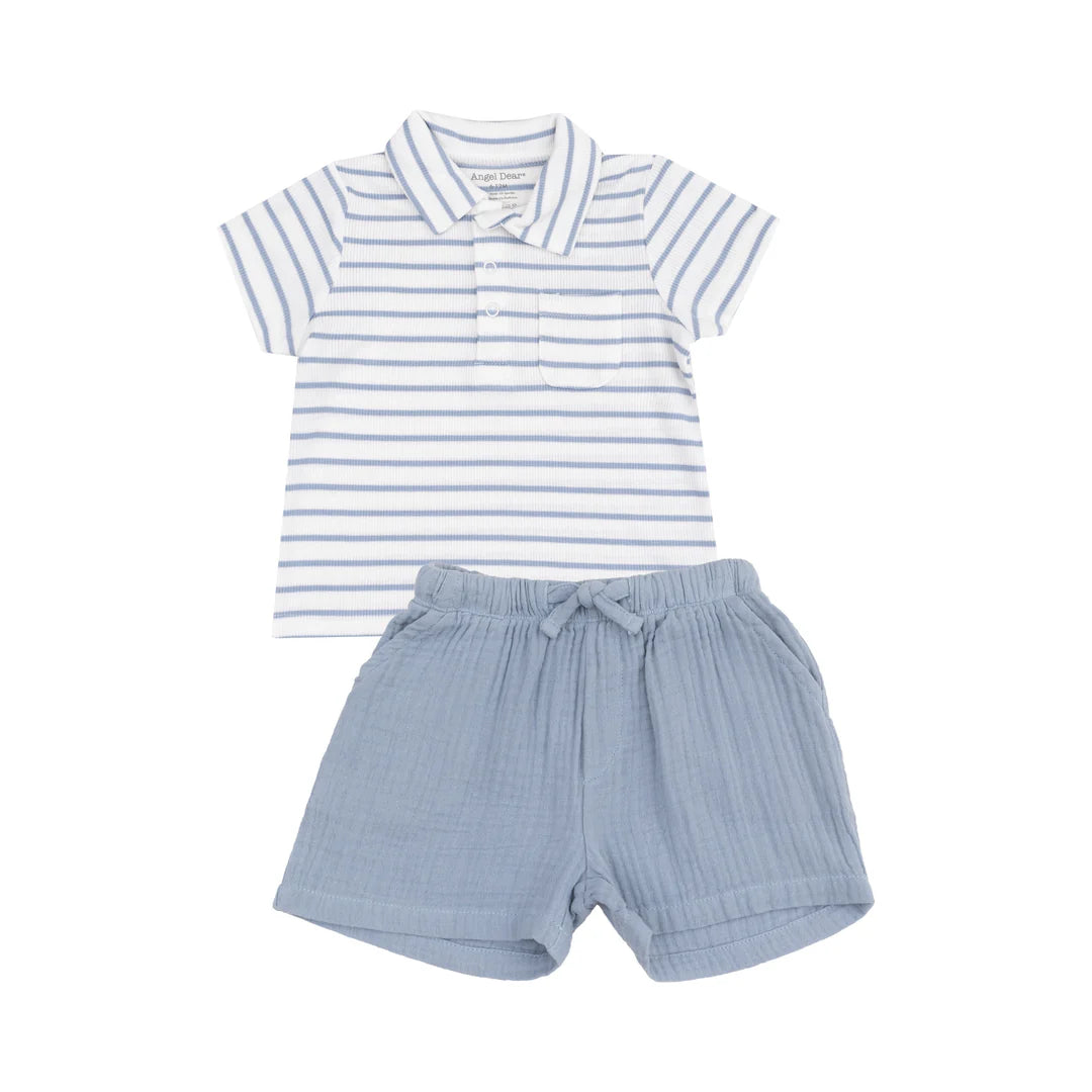 Angel Dear Dusty Blue | French Stripe Polo Shirt & Muslin Short Set