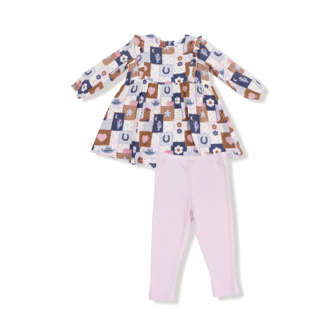 Angel Dear Patchwork Cowgirl | Ruffle Long Sleeve Dress and Ribbed Legging Set