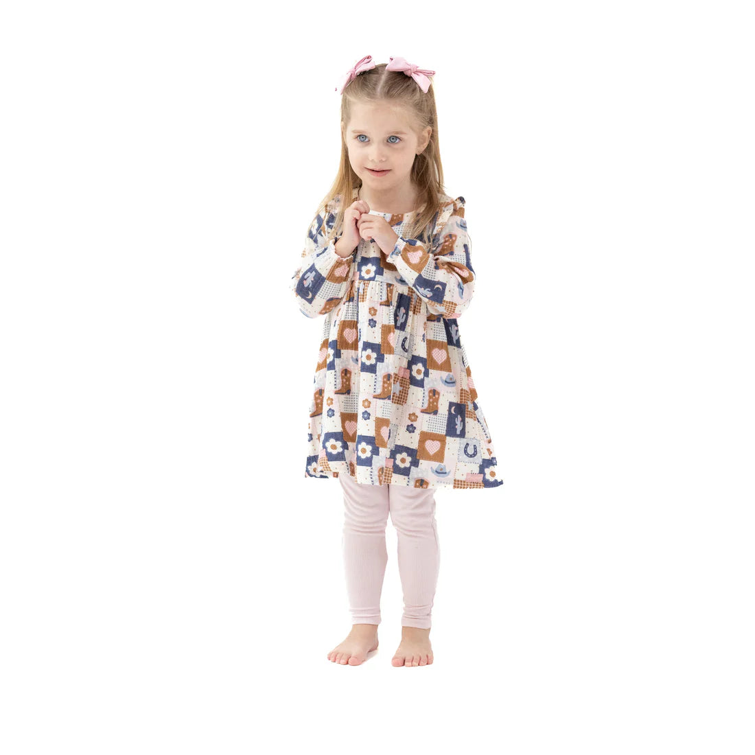 Angel Dear Patchwork Cowgirl | Ruffle Long Sleeve Dress and Ribbed Legging Set