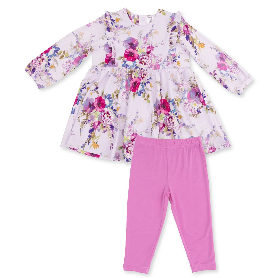 Angel Dear Purple | Dahlia Floral Long Sleeve Ruffle Dress and Legging Set