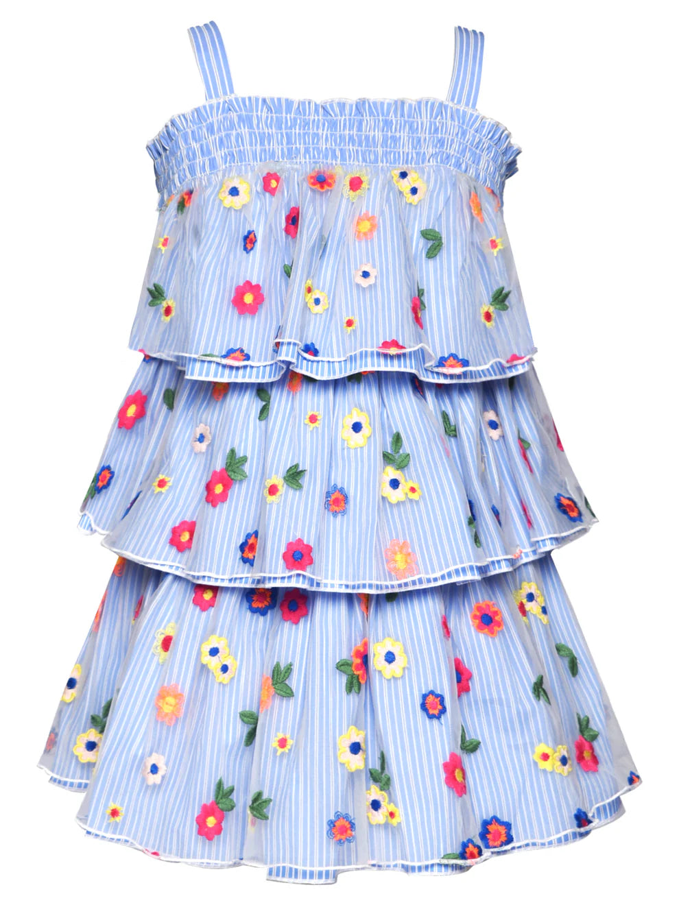 Hannah Banana Blue | Embroidered Overlay 3-Tier Mesh Dress