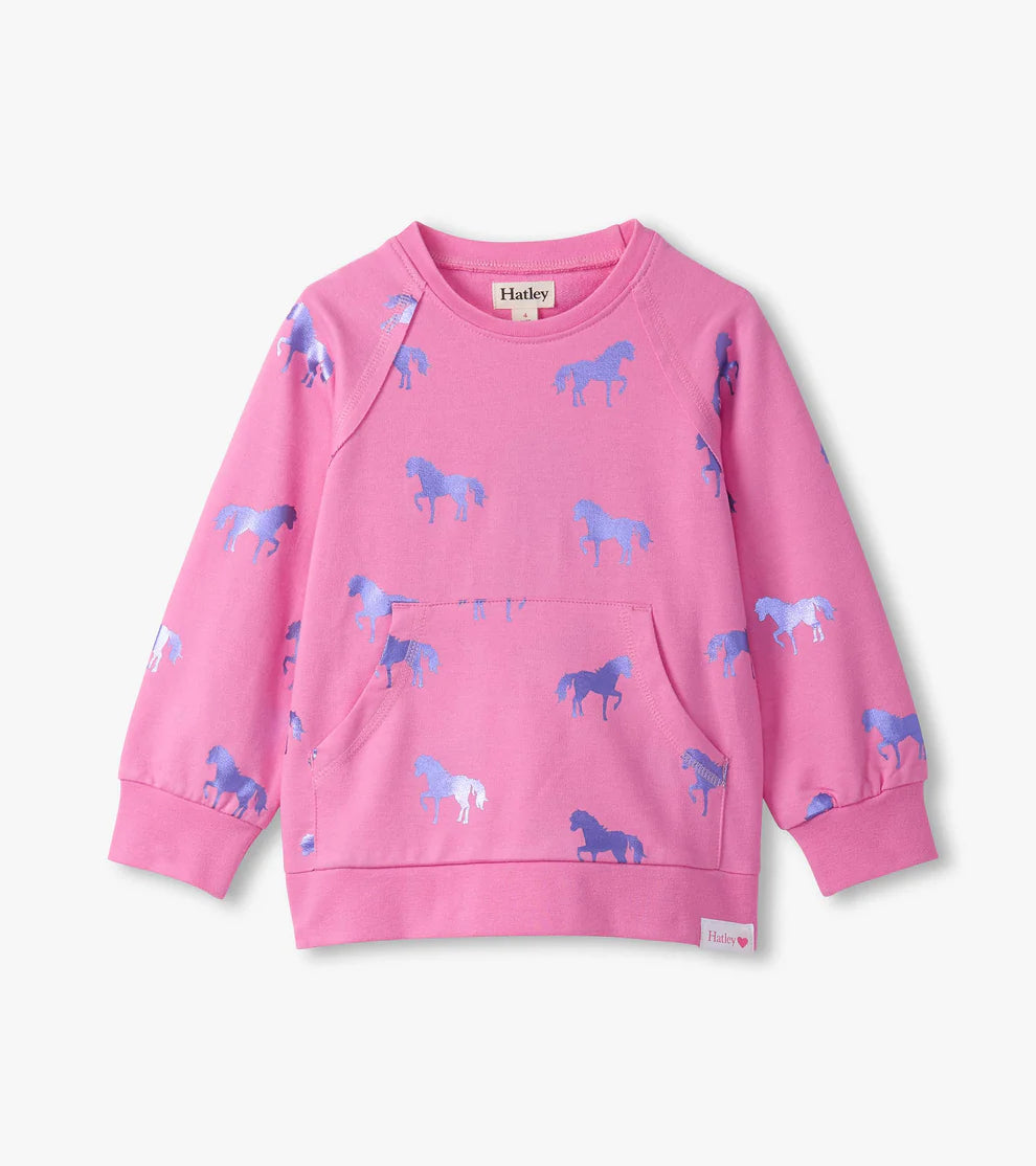 Hatley Shimmer | Horses Raw Edge Pullover Sweater