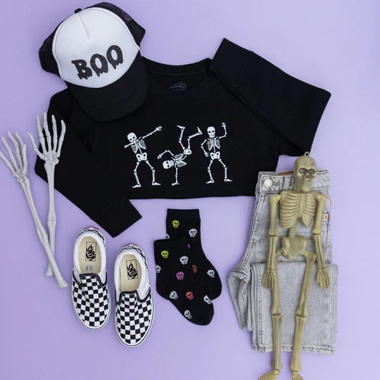 Sweet Wink Black | Silly Skelly Glow in The Dark Halloween Sweatshirt
