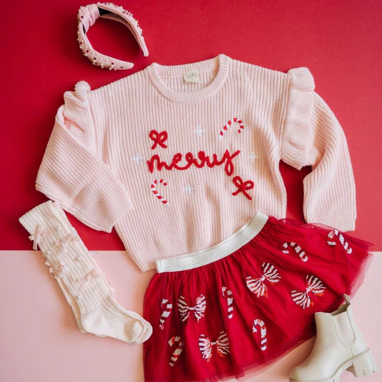 Sweet Wink Ballet Pink | Coquette Merry Christmas Knit Sweater