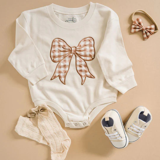 Sweet Wink Natural | Gingham Bow Patch Long Sleeve Romper