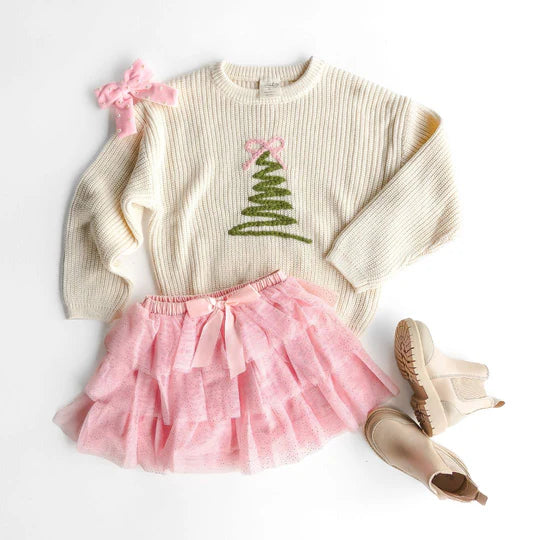 Sweet Wink Natural | Coquette Christmas Tree Knit Sweater