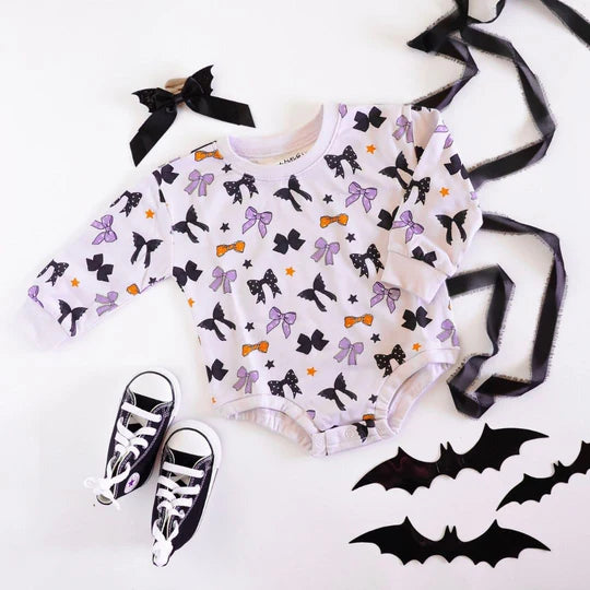 Sweet Wink Lavender | Spooky Bows Halloween Long Sleeve Romper