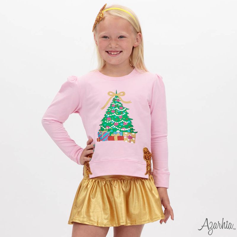 Azarhia Pink Holly | Glitter Christmas Tree Crew Sweatshirt