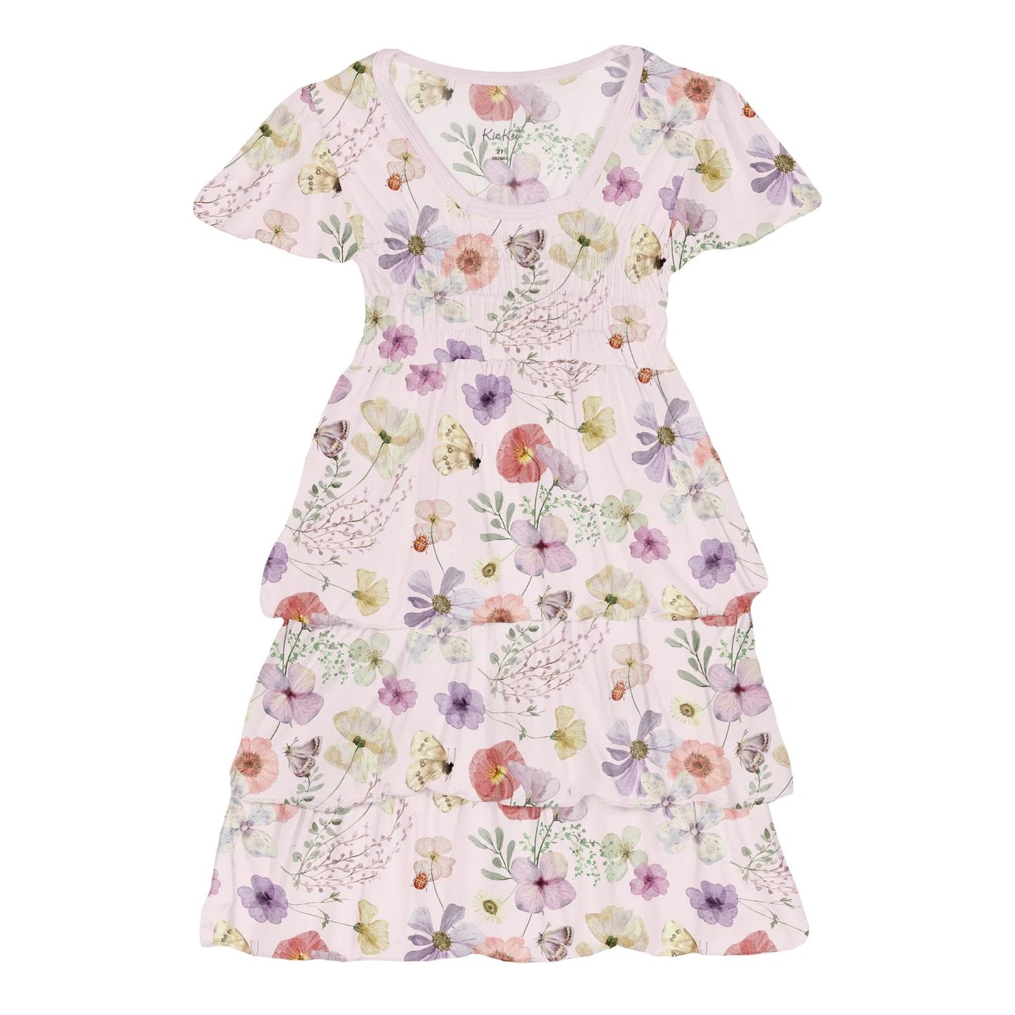 Kickee Shrinking Violet Pressed Flowers | Print Short Sleeve Layered Ruffle Dress