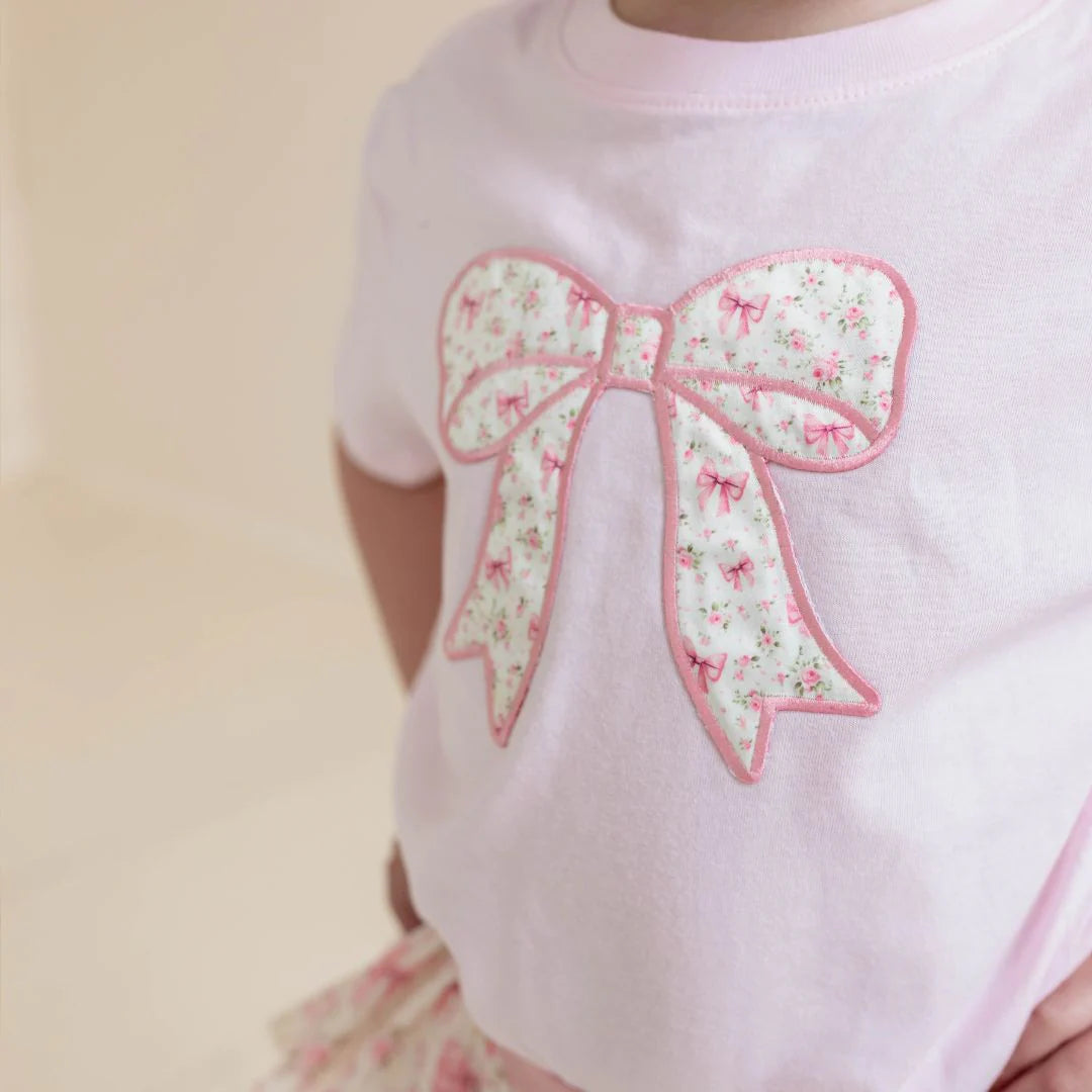 Sweet Wink Ballet Pink | Ditsy Floral Bow Patch Short Sleeve T-Shirt