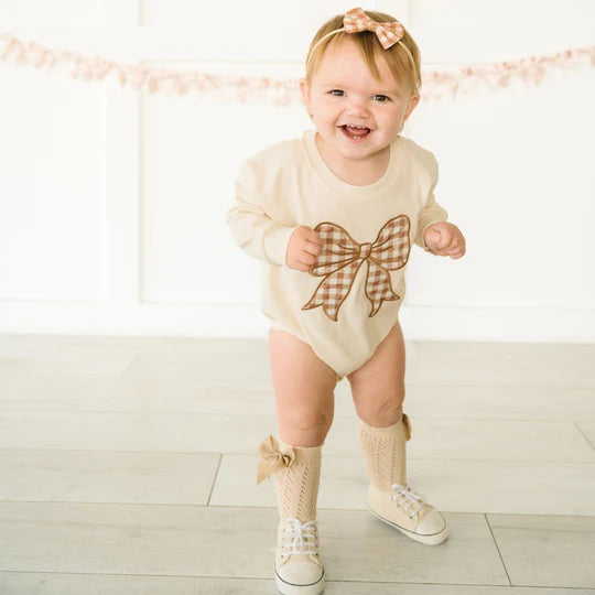 Sweet Wink Natural | Gingham Bow Patch Long Sleeve Romper