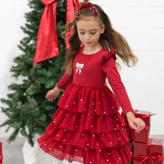 Sweet Wink Ruby Red | Christmas Pearl Long Sleeve Tutu Dress