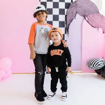 Sweet Wink Heathered Orange | Checker Ghost 3/4 Sleeve Halloween Shirt