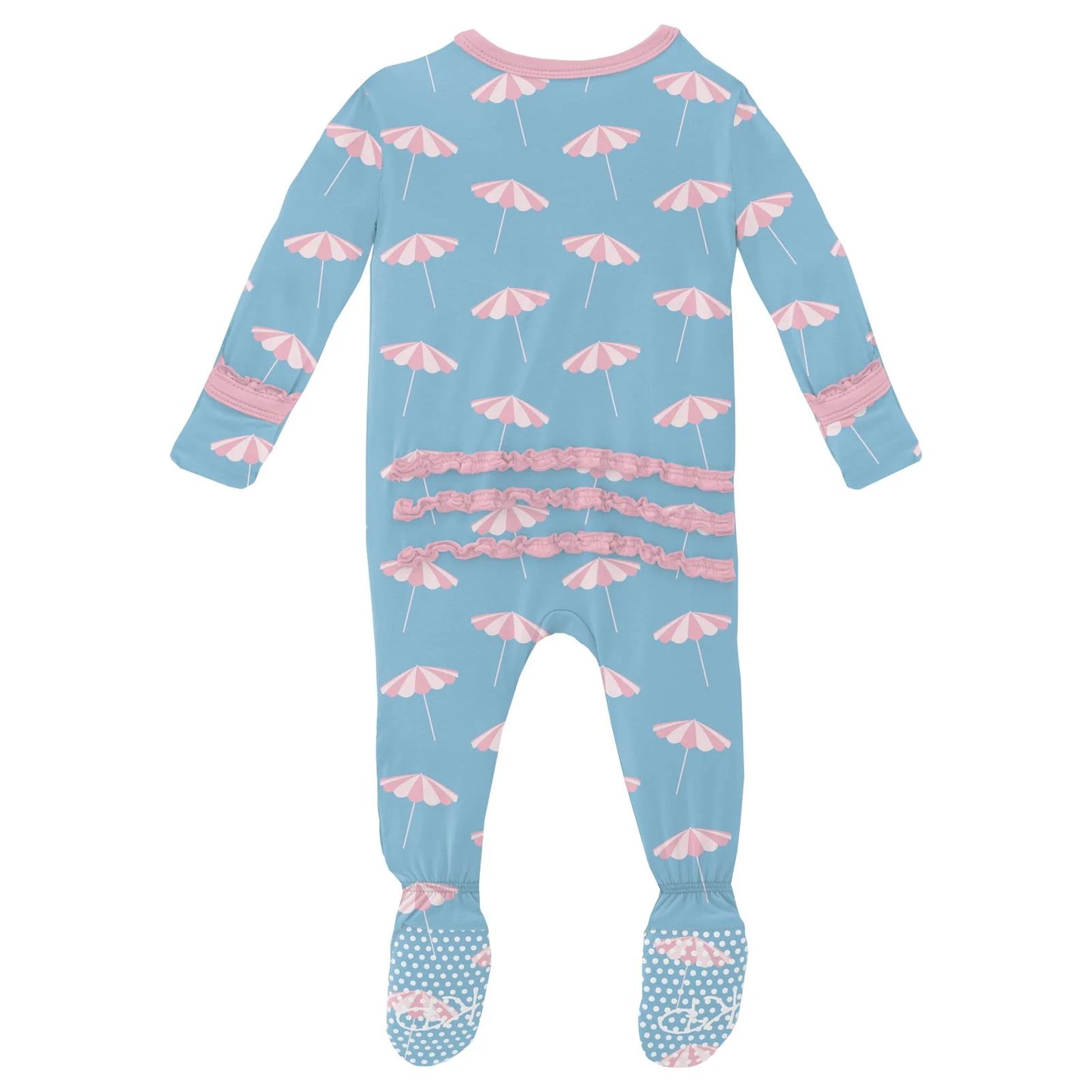 Kickee Seaside Blue Beach Umbrellas | Print Muffin Ruffle Footie With 2 Way Zipper