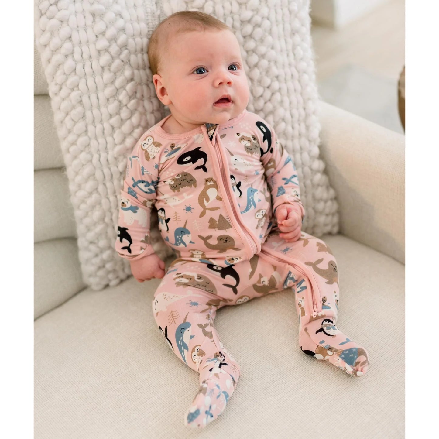 KicKee Baby Rose Arctic Animals | Print Layette Ruffle Footie With 2 Way Zipper