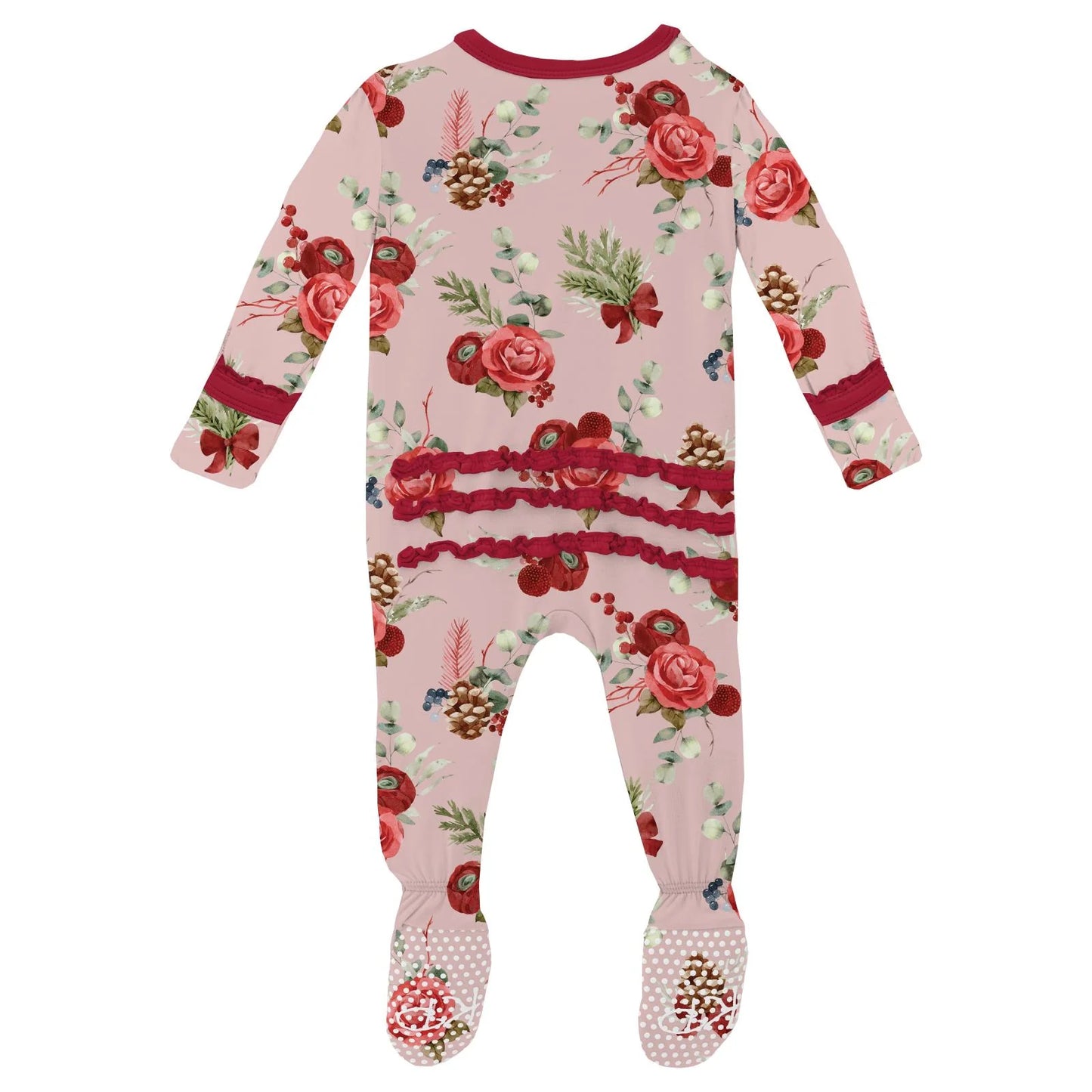 KicKee Baby Rose Holiday Floral | Print Muffin Ruffle Footie With 2 Way Zipper