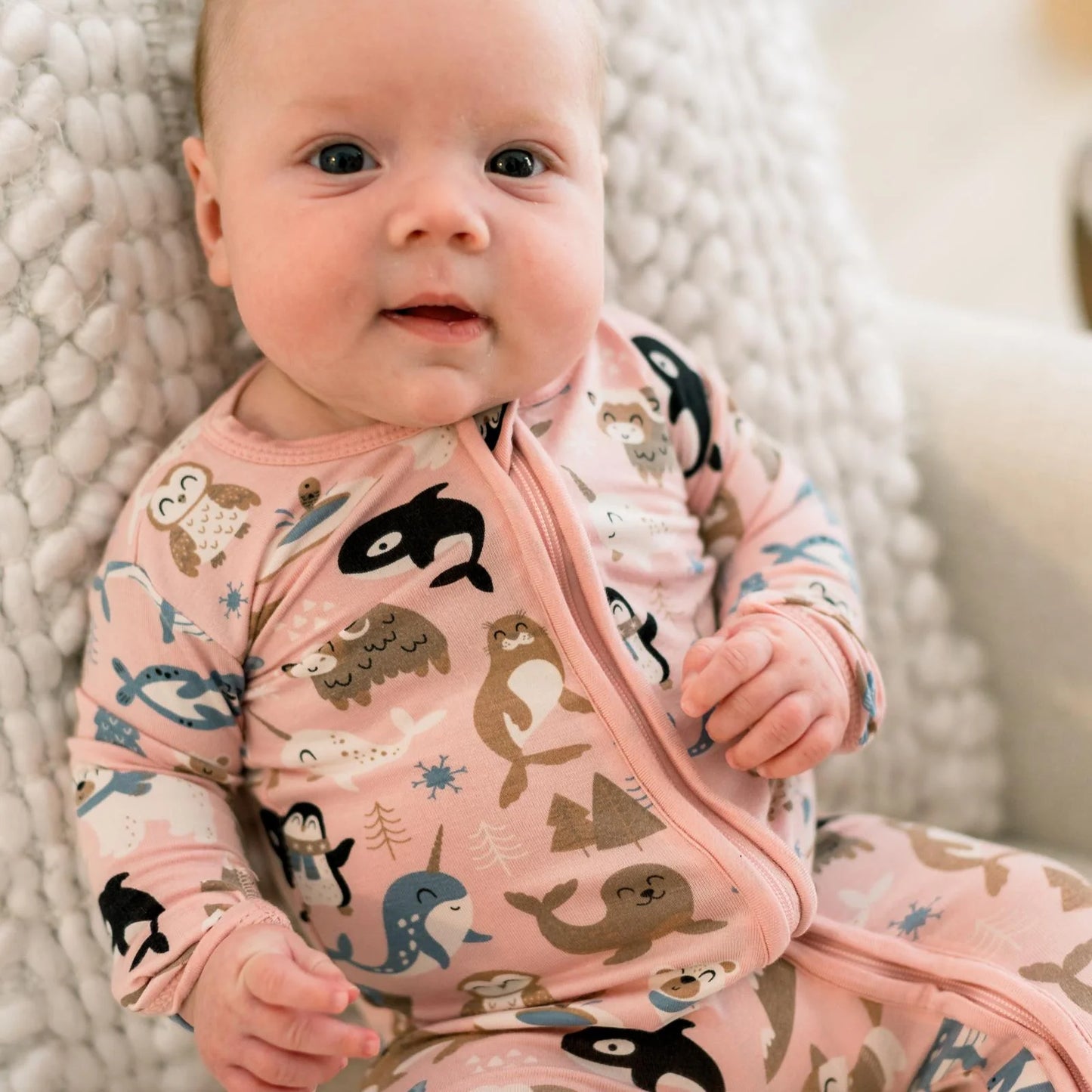 KicKee Baby Rose Arctic Animals | Print Layette Ruffle Footie With 2 Way Zipper