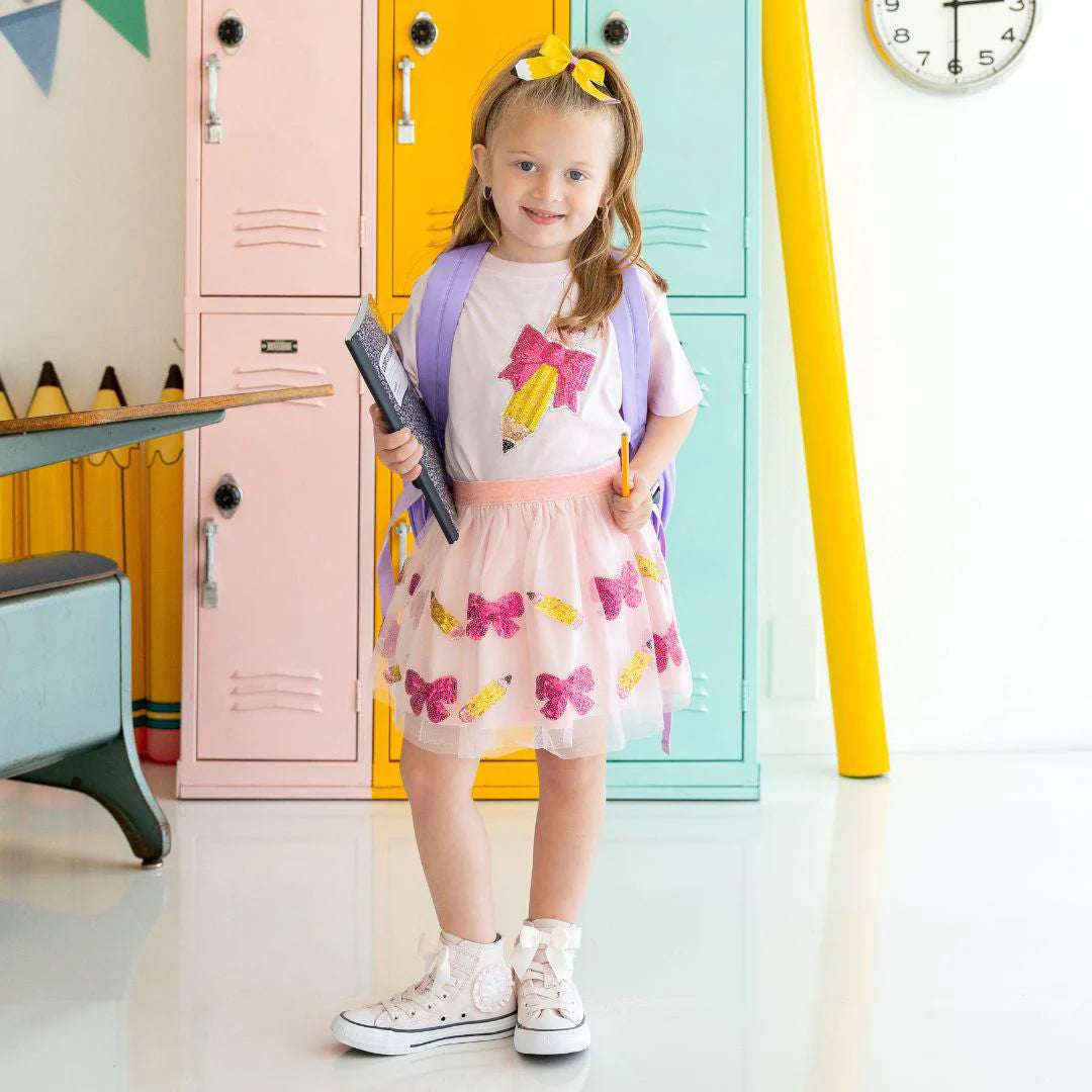 Sweet Wink Ballet | Pencil Bow Sequin Patch Short Sleeve T-Shirt